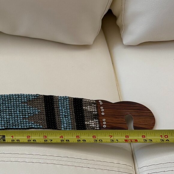 Blue/Gray Beaded Mosaic Stretch Belt with Wood Clasp - Picture 3 of 4